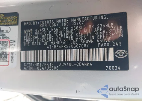 2007 Toyota Camry Le z USA, uszkodzony, nr VIN 4T1BE46K57U667087